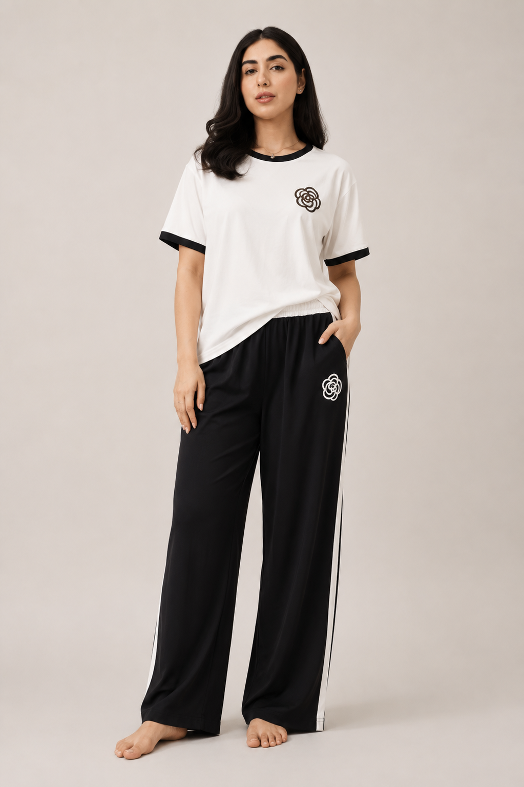 Women's Floral Night Suit – White Contrast T-Shirt & Black Stripe Pajama Set
